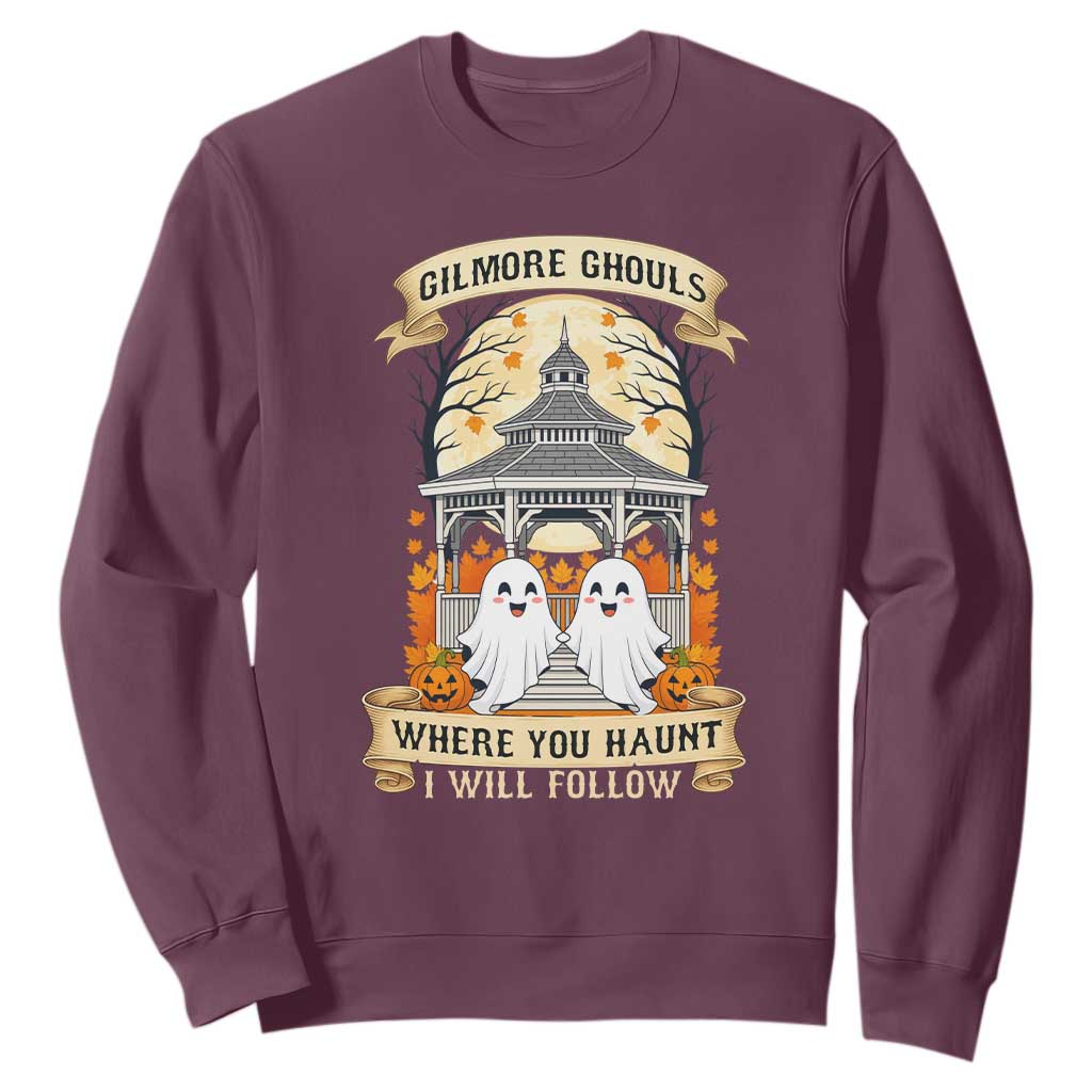 Gilmore Ghouls Halloween Ghost Sweatshirt Cute Couple Spooky Boo with Fall Gazebo TS02 Maroon Print Your Wear