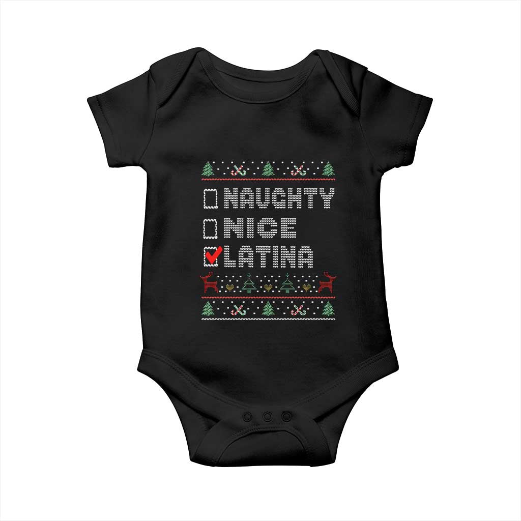 Latin American Christmas Baby Onesie Naughty Nice Latina Funny Xmas List Hispanic Ugly Sweater TS02 Black Print Your Wear