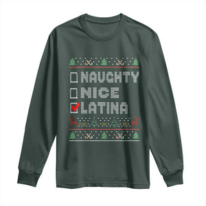 Latin American Christmas Long Sleeve Shirt Naughty Nice Latina Funny Xmas List Hispanic Ugly Sweater TS02 Dark Forest Green Print Your Wear