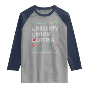 Latin American Christmas Raglan Shirt Naughty Nice Latina Funny Xmas List Hispanic Ugly Sweater TS02 Sport Gray Navy Print Your Wear