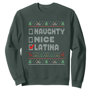 Latin American Christmas Sweatshirt Naughty Nice Latina Funny Xmas List Hispanic Ugly Sweater TS02 Dark Forest Green Print Your Wear