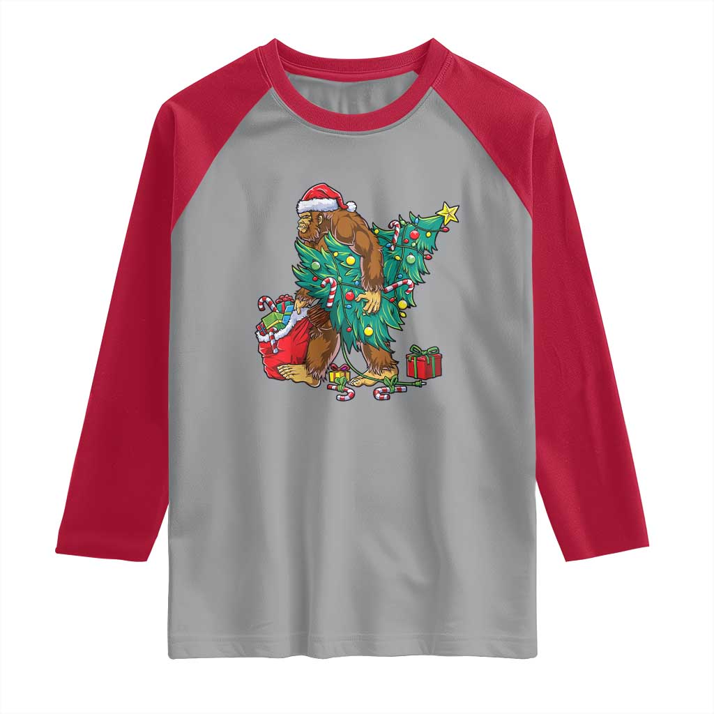 Bigfoot Christmas Tree Raglan Shirt Xmas Lights Sasquatch Lovers TS02 Sport Gray Red Print Your Wear