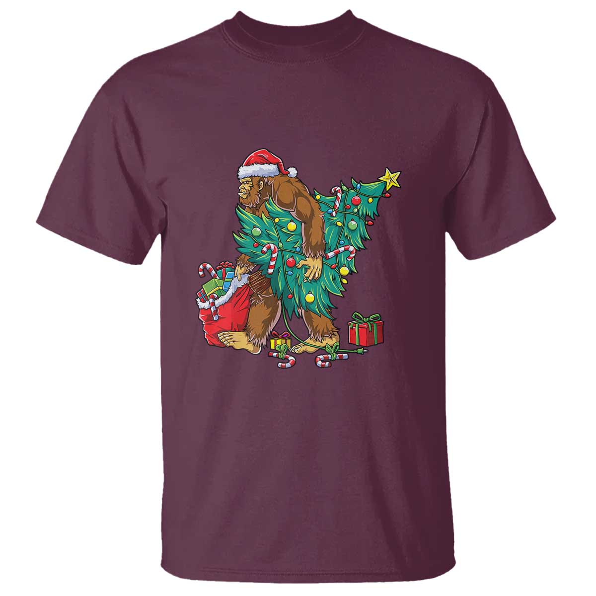 Bigfoot Christmas Tree T Shirt Xmas Lights Sasquatch Lovers TS02 Maroon Print Your Wear