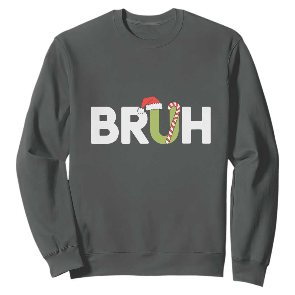 Funny Christmas Bruh Sweatshirt Candy Cane Santa Hat Festive Xmas Matching TS02 Dark Heather Print Your Wear