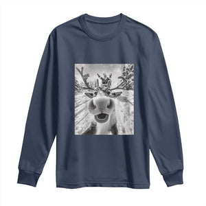 Funny Christmas Reindeer Selfie Long Sleeve Shirt With Santa Xmas Gag Gift TS02 Navy Print Your Wear