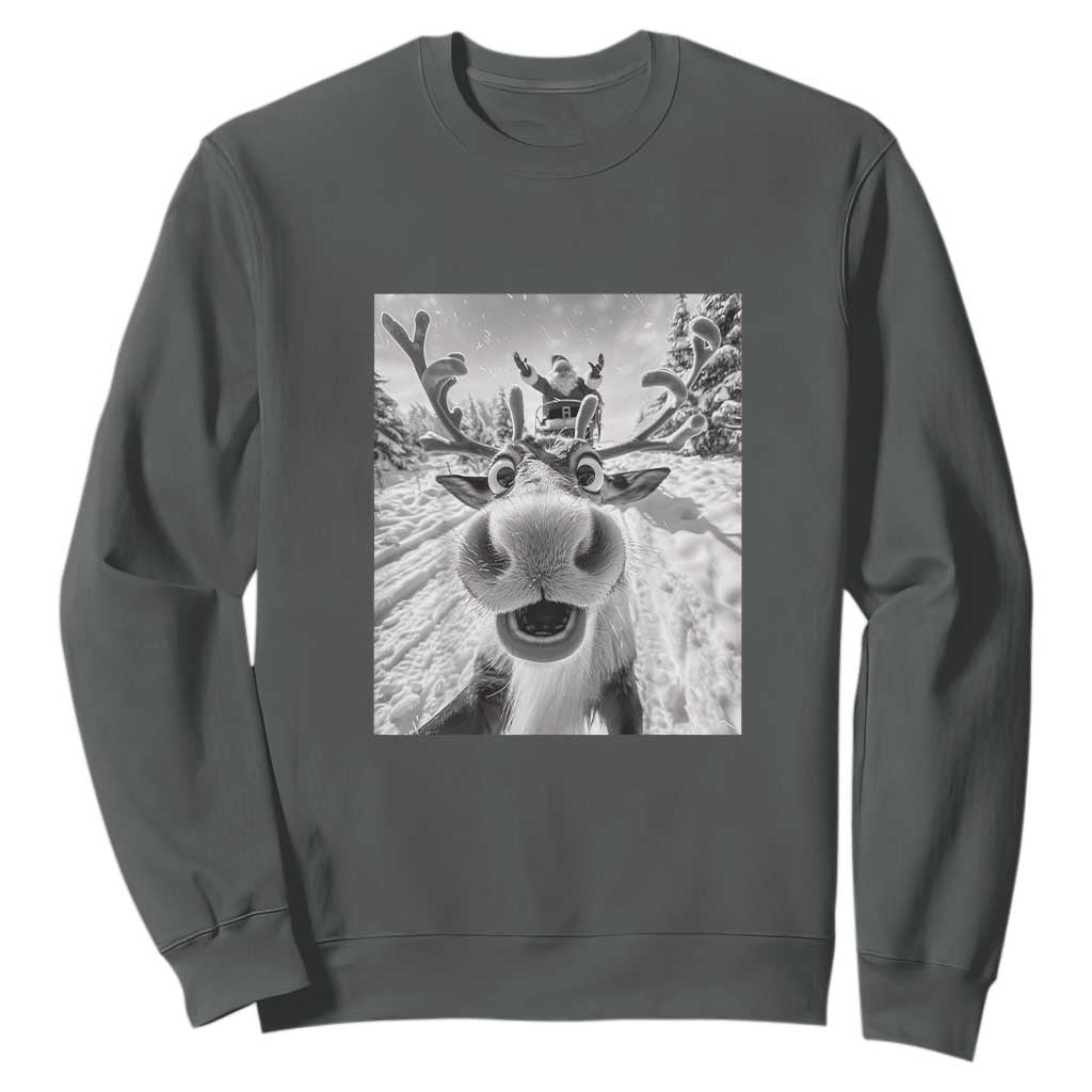 Funny Christmas Reindeer Selfie Sweatshirt With Santa Xmas Gag Gift TS02 Dark Heather Print Your Wear