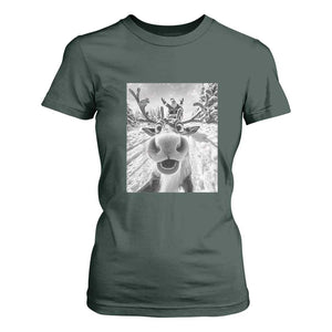 Funny Christmas Reindeer Selfie T Shirt For Women With Santa Xmas Gag Gift TS02 Dark Forest Green Print Your Wear