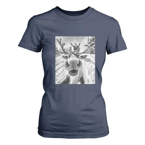 Funny Christmas Reindeer Selfie T Shirt For Women With Santa Xmas Gag Gift TS02 Navy Print Your Wear