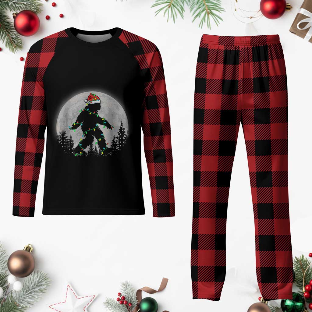 Christmas Bigfoot Plaid Pajama Set Sasquatch with Santa Hat Xmas Tree Lights TS02 Buffalo Plaid Print Your Wear