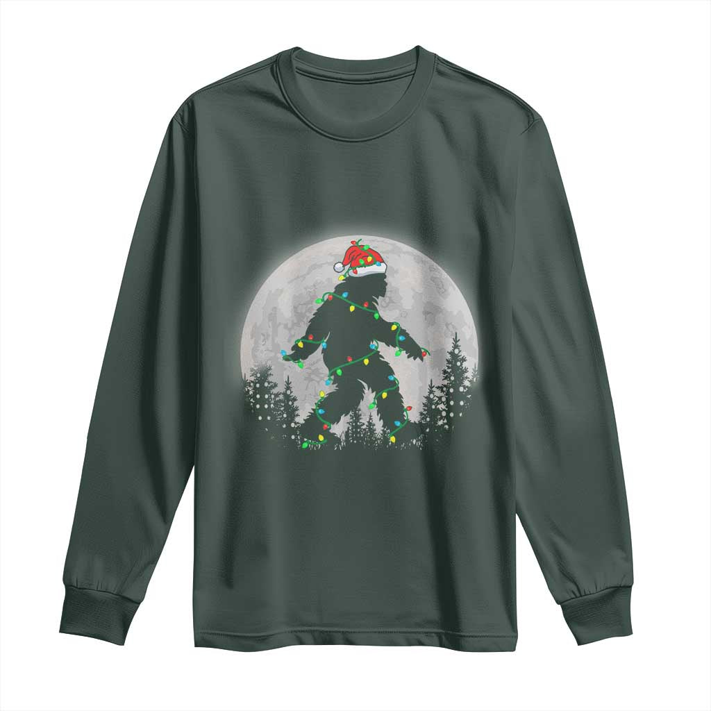 Christmas Bigfoot Long Sleeve Shirt Sasquatch with Santa Hat Xmas Tree Lights TS02 Dark Forest Green Print Your Wear