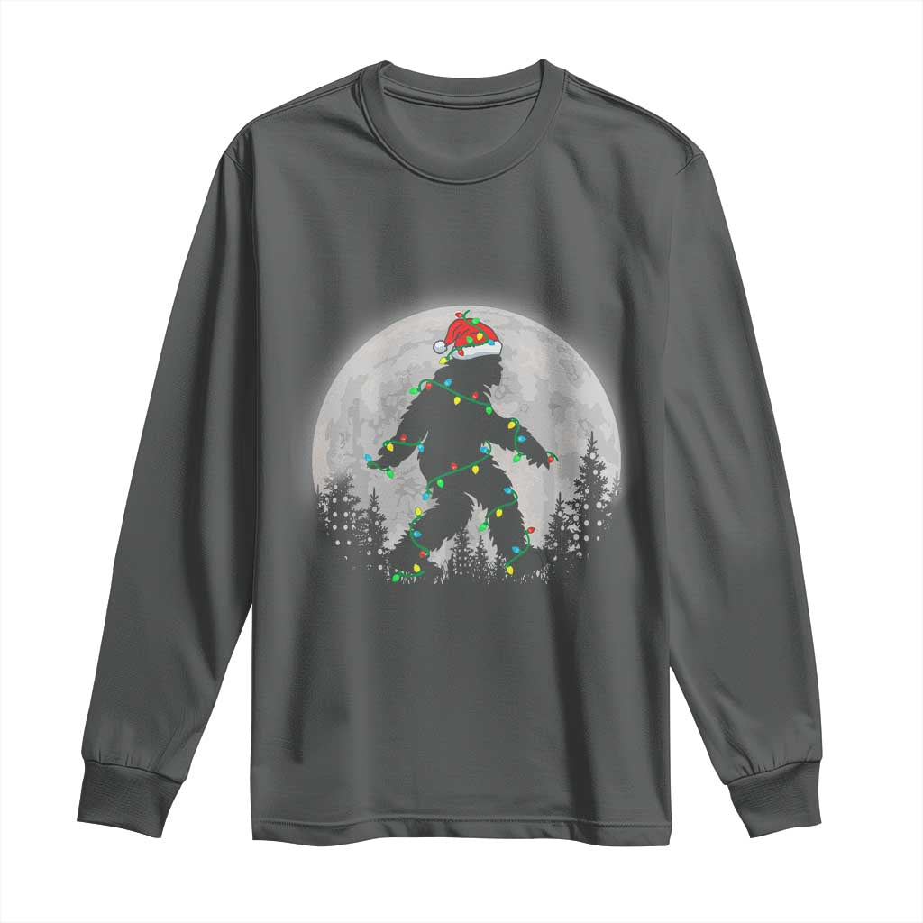 Christmas Bigfoot Long Sleeve Shirt Sasquatch with Santa Hat Xmas Tree Lights TS02 Dark Heather Print Your Wear