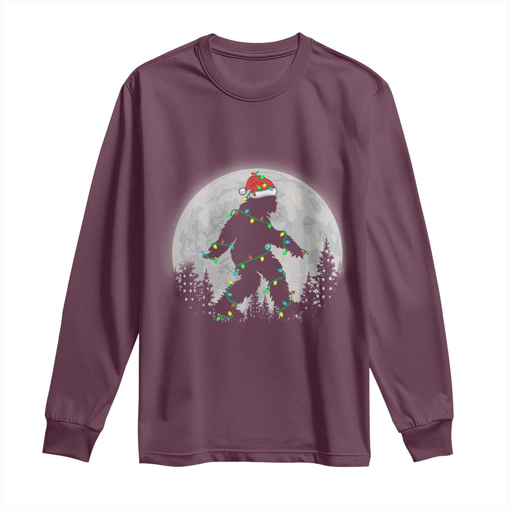Christmas Bigfoot Long Sleeve Shirt Sasquatch with Santa Hat Xmas Tree Lights TS02 Maroon Print Your Wear