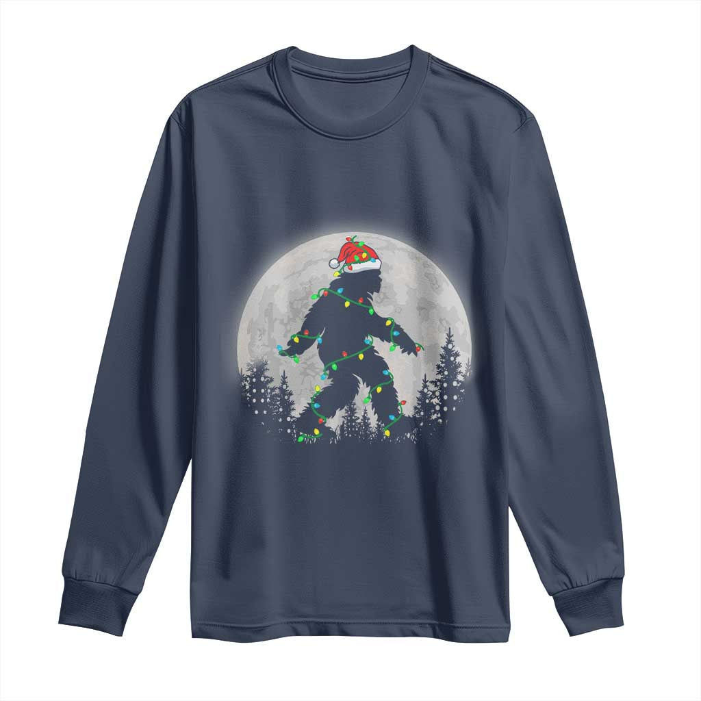 Christmas Bigfoot Long Sleeve Shirt Sasquatch with Santa Hat Xmas Tree Lights TS02 Navy Print Your Wear