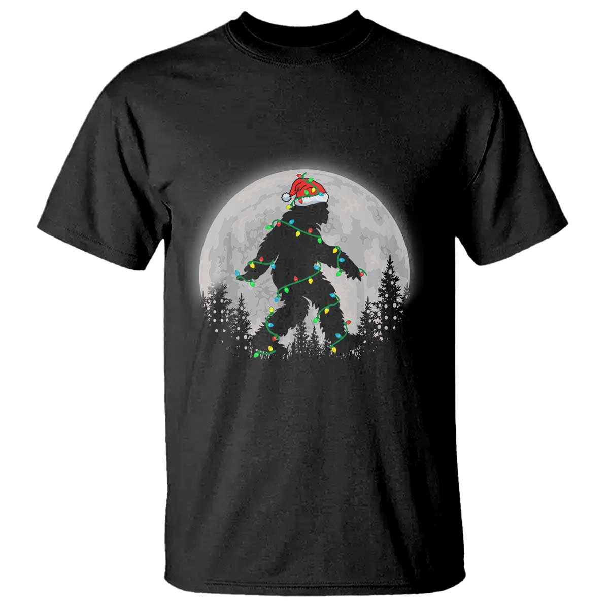 Christmas Bigfoot T Shirt Sasquatch with Santa Hat Xmas Tree Lights TS02 Black Print Your Wear