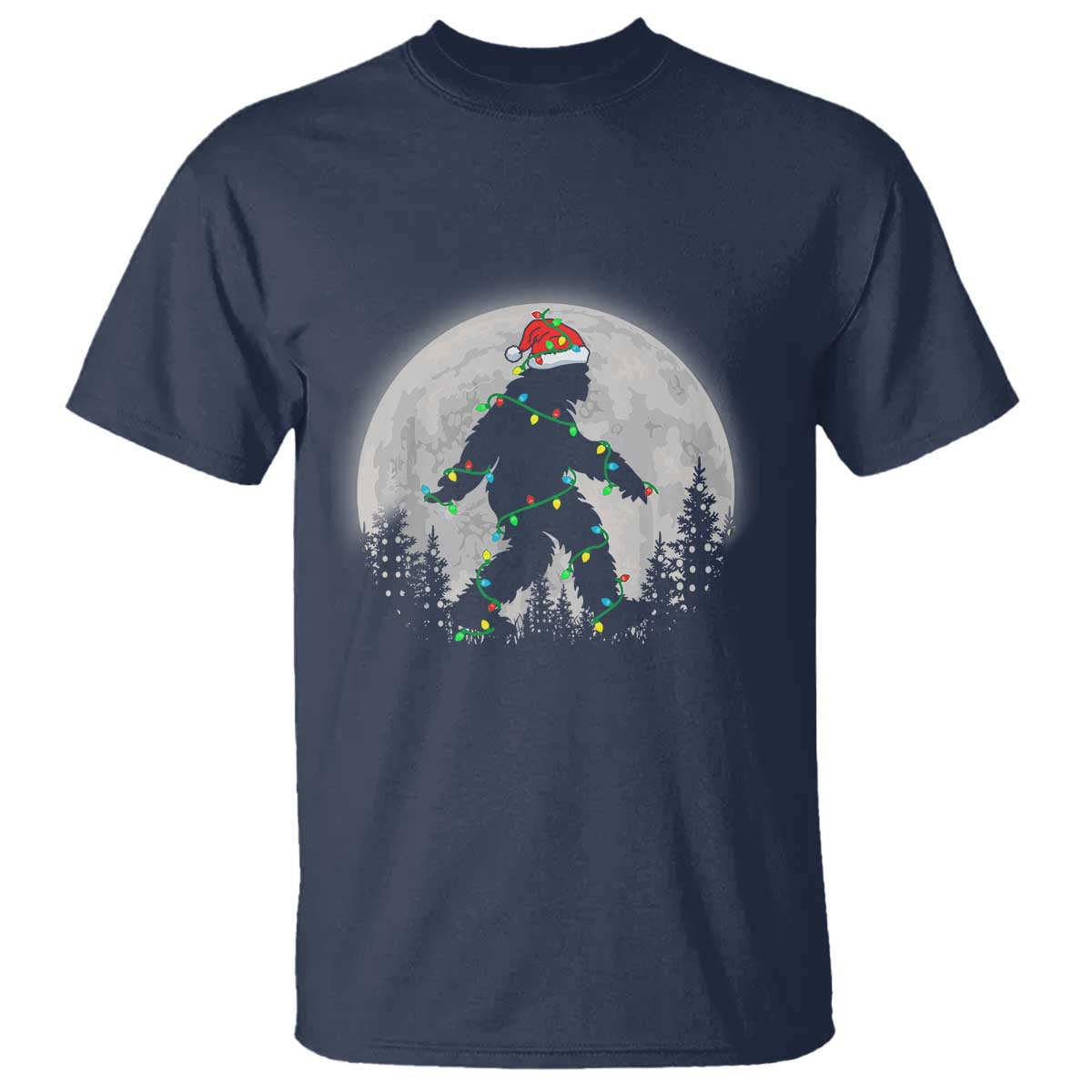 Christmas Bigfoot T Shirt Sasquatch with Santa Hat Xmas Tree Lights TS02 Navy Print Your Wear