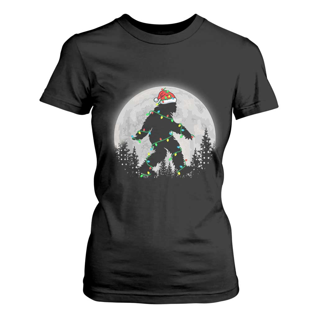 Christmas Bigfoot T Shirt For Women Sasquatch with Santa Hat Xmas Tree Lights TS02 Black Print Your Wear