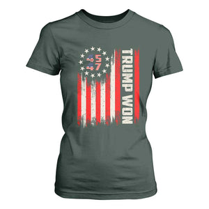 Trump Won 2024 T Shirt For Women 45 47 US President American Flag TS02 Dark Forest Green Print Your Wear