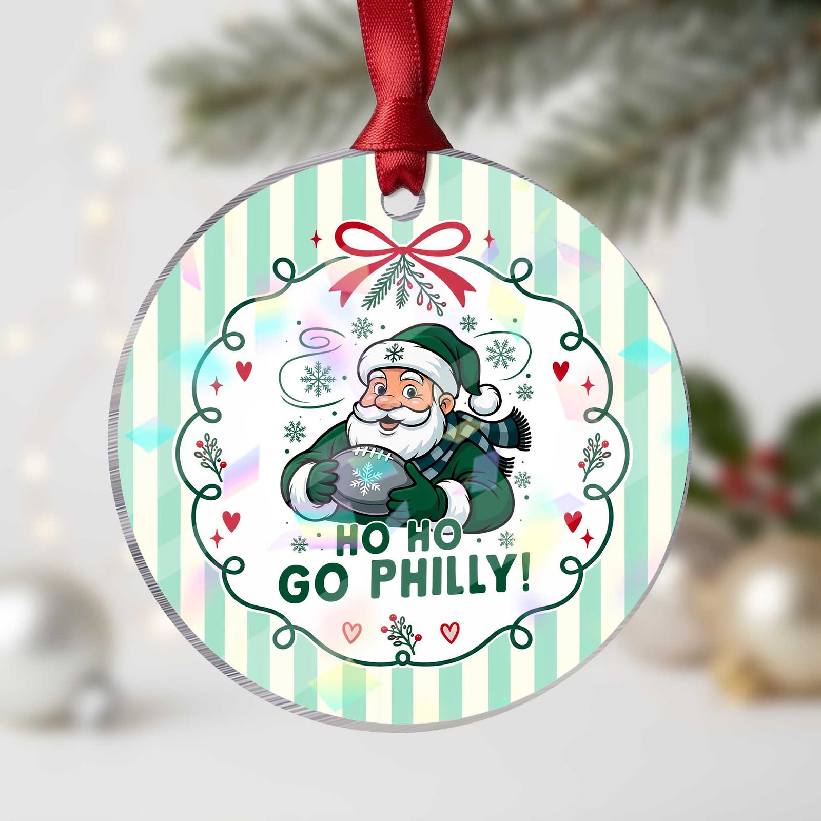 Philadelphia Green Santa Ho Ho Go Philly Holographic Acrylic Ornament Funny Retro Football Fans Christmas Holiday Gift