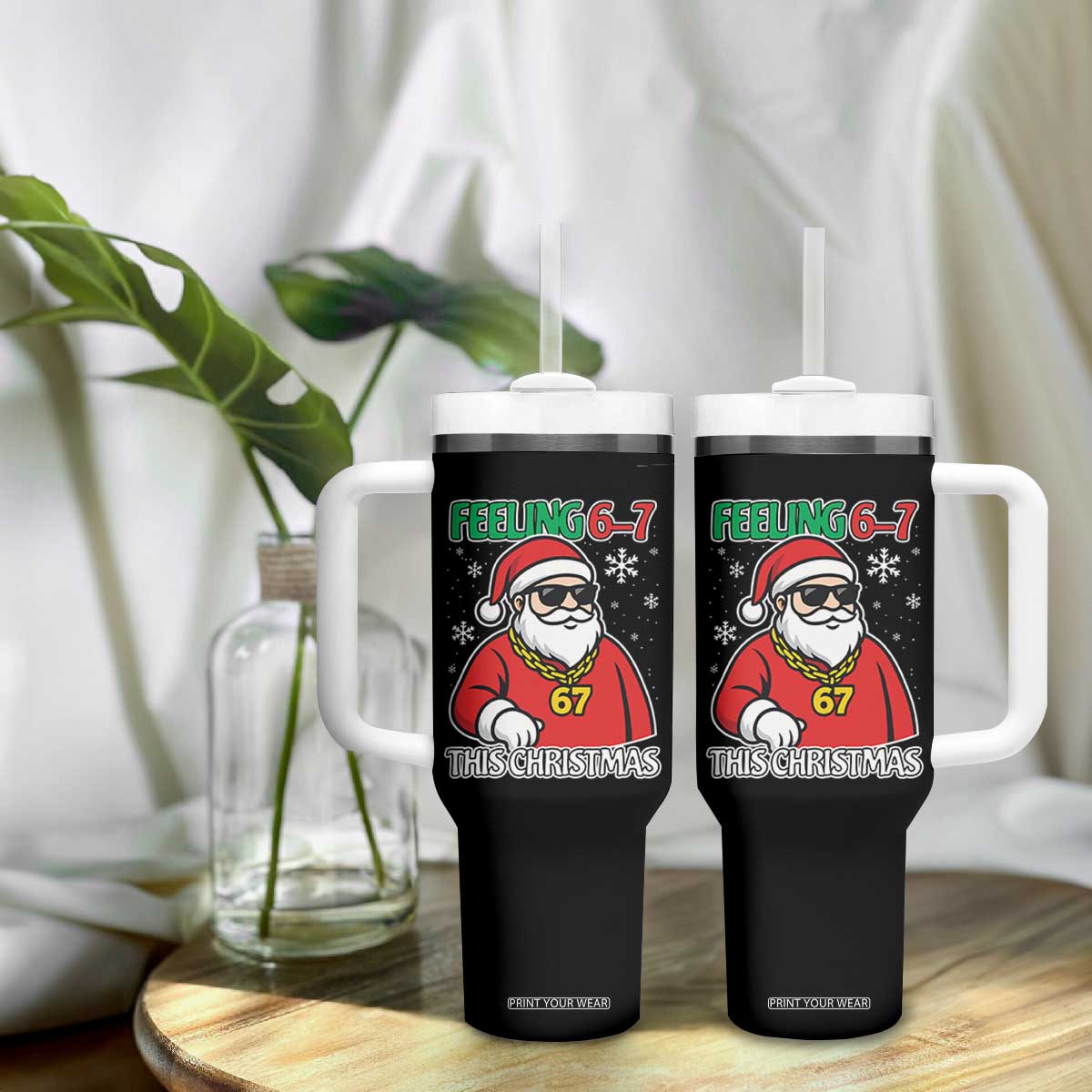 Feeling 67 This Christmas Tumbler With Handle Funny Cool Santa Six Seven Meme Holiday TS02 Print Your Wear