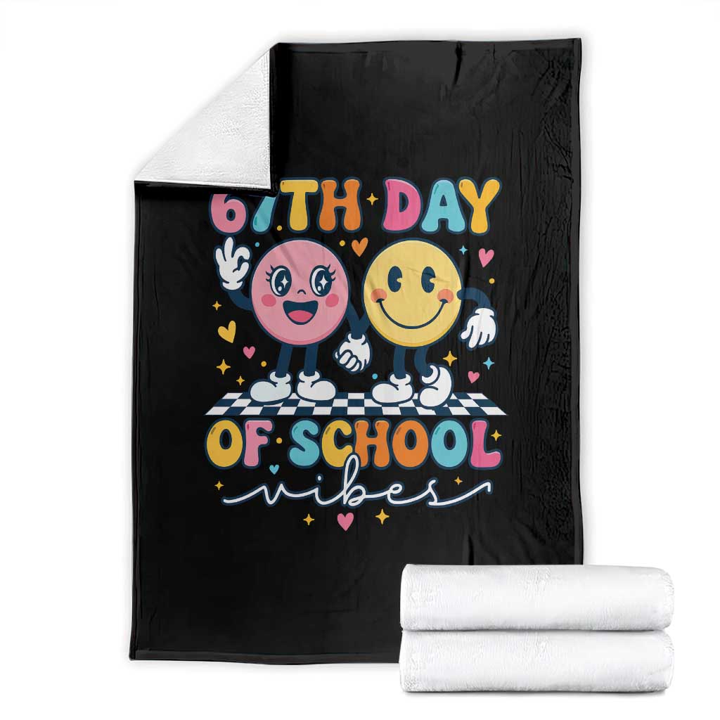 67th Day of School Vibes Throw Blanket Cute Retro Smiling Face for Students & Teachers TS02 Black Print Your Wear
