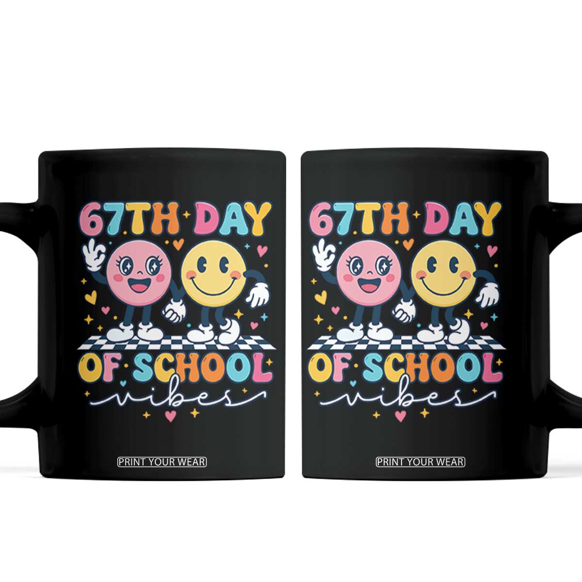 67th Day of School Vibes Coffee Mug Cute Retro Smiling Face for Students & Teachers TS02 Black Print Your Wear