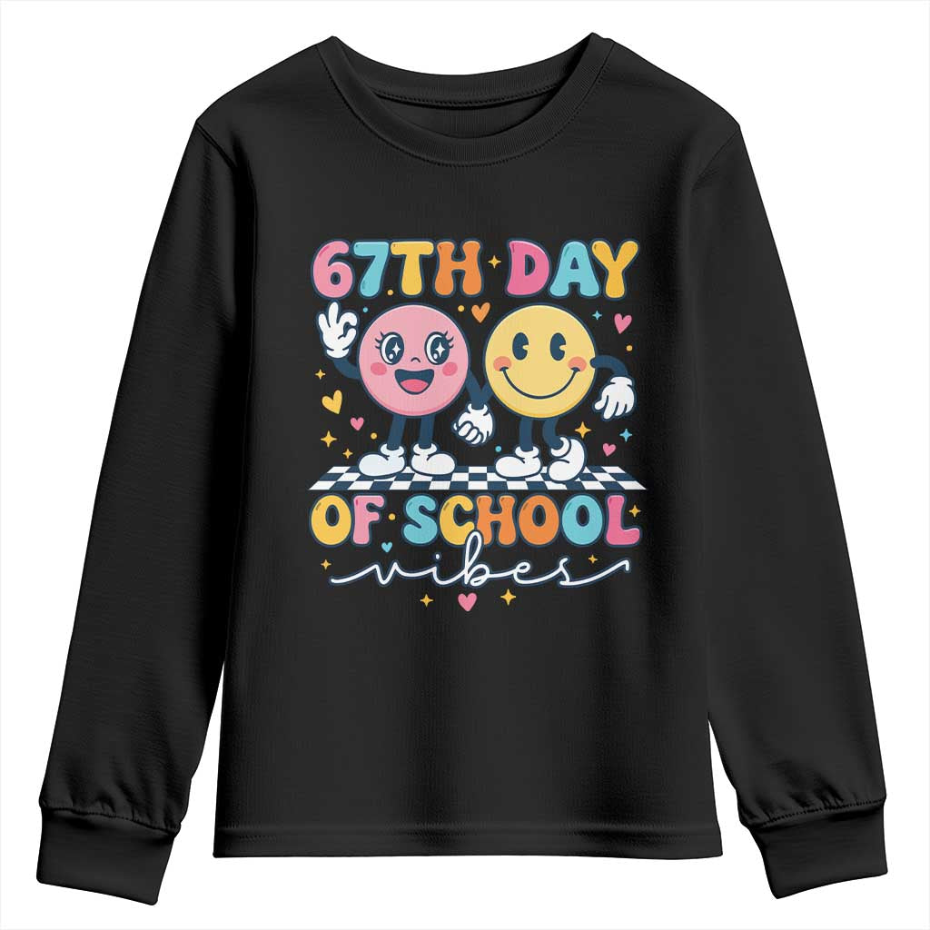 67th Day of School Vibes Youth Sweatshirt Cute Retro Smiling Face for Students & Teachers TS02 Black Print Your Wear