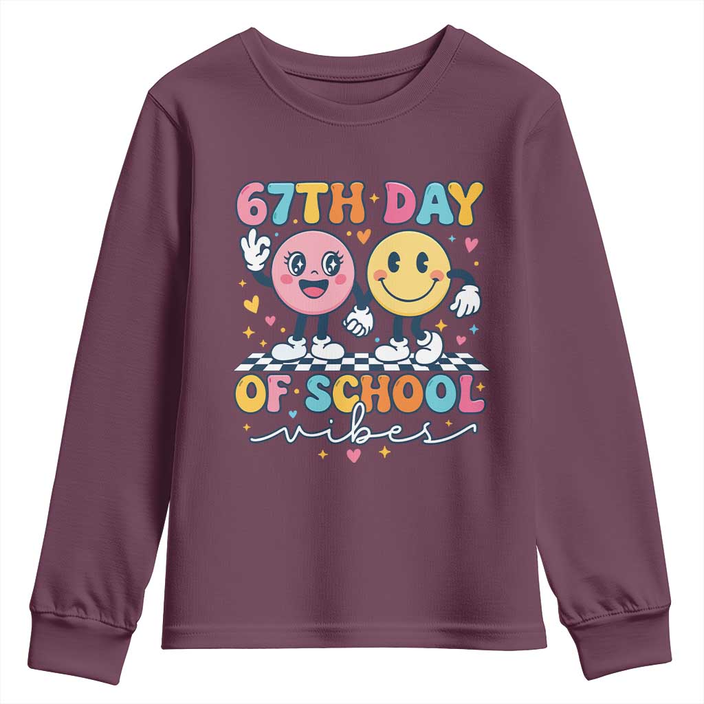 67th Day of School Vibes Youth Sweatshirt Cute Retro Smiling Face for Students & Teachers TS02 Maroon Print Your Wear