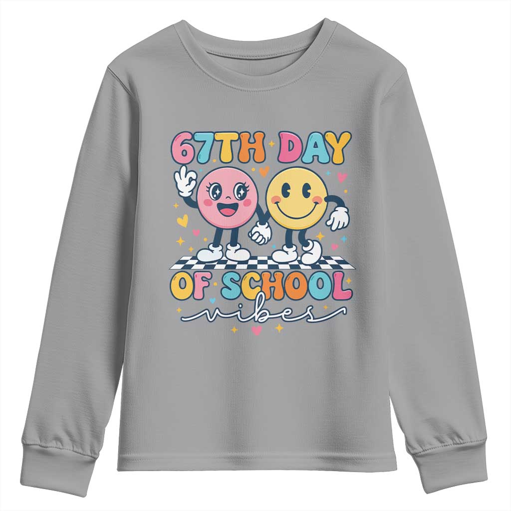 67th Day of School Vibes Youth Sweatshirt Cute Retro Smiling Face for Students & Teachers TS02 Sport Gray Print Your Wear
