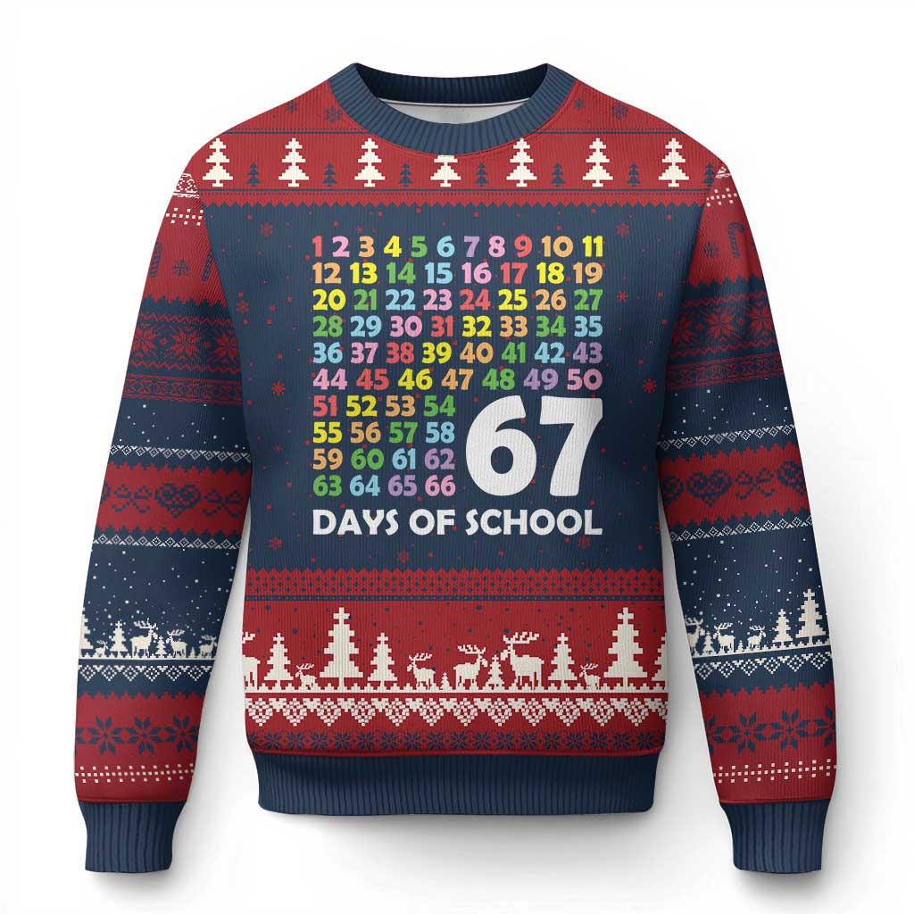 67 Days of School Ugly Christmas Sweater Colorful Countdown Grid Milestone Classroom Fun TS02 Navy Red Print Your Wear