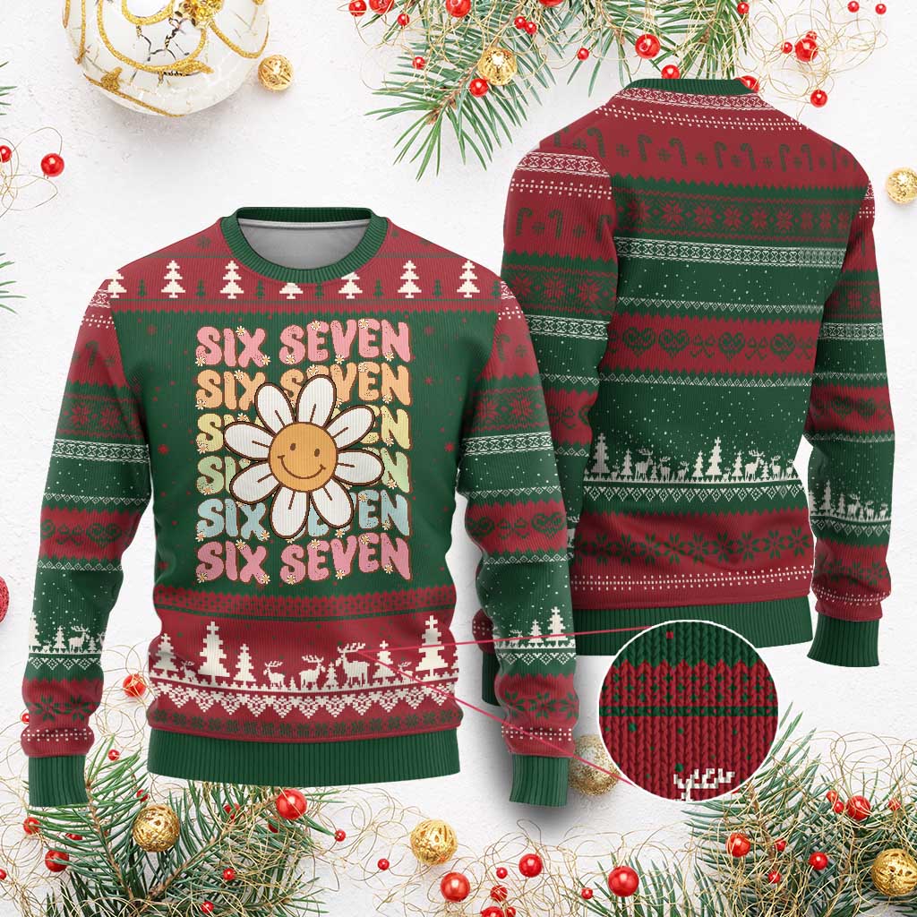 Six Seven Flower Power Ugly Christmas Sweater Viral 67 Meme with Retro Daisy TS02 Red Green Print Your Wear