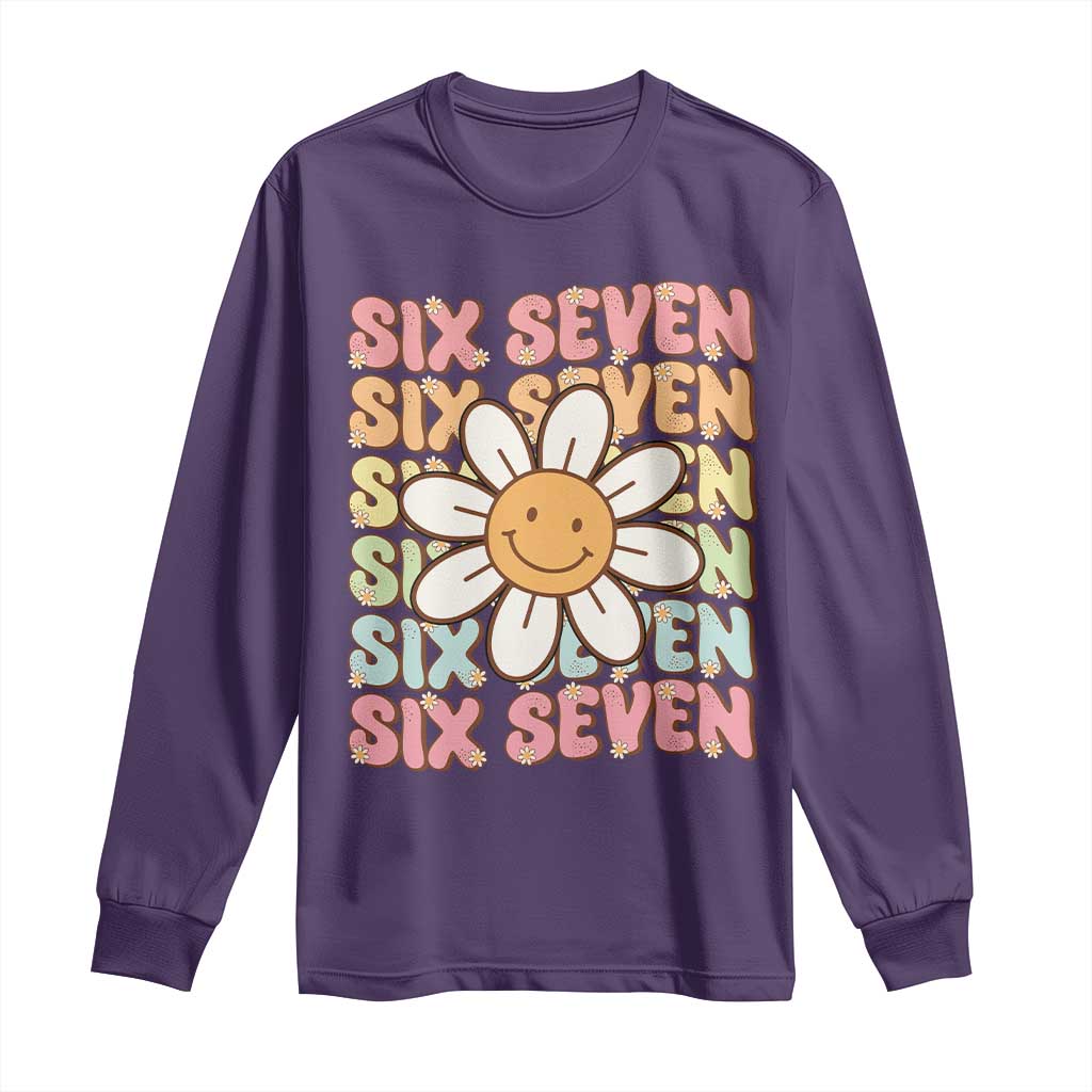 Six Seven Flower Power Long Sleeve Shirt Viral 67 Meme with Retro Daisy TS02 Purple Print Your Wear