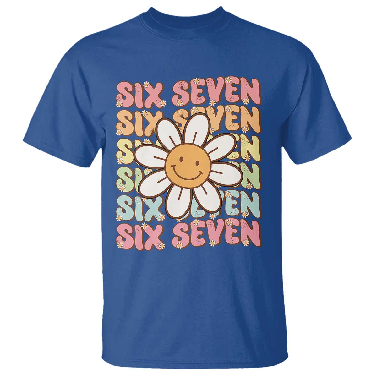Six Seven Flower Power T Shirt Viral 67 Meme with Retro Daisy TS02 Royal Blue Print Your Wear