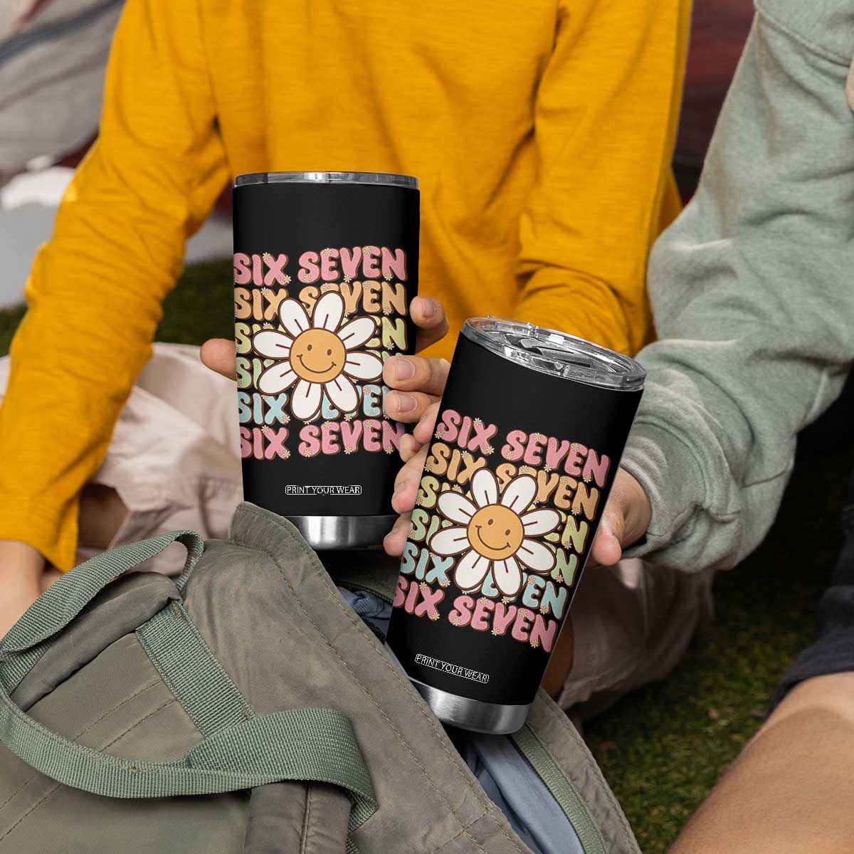 Six Seven Flower Power Tumbler Cup Viral 67 Meme with Retro Daisy TS02 Print Your Wear