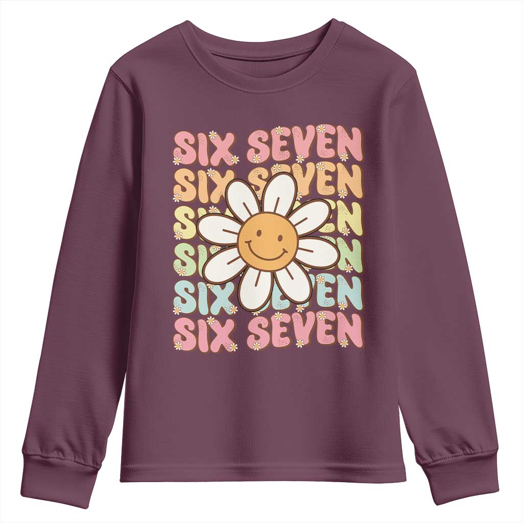 Six Seven Flower Power Youth Sweatshirt Viral 67 Meme with Retro Daisy TS02 Maroon Print Your Wear