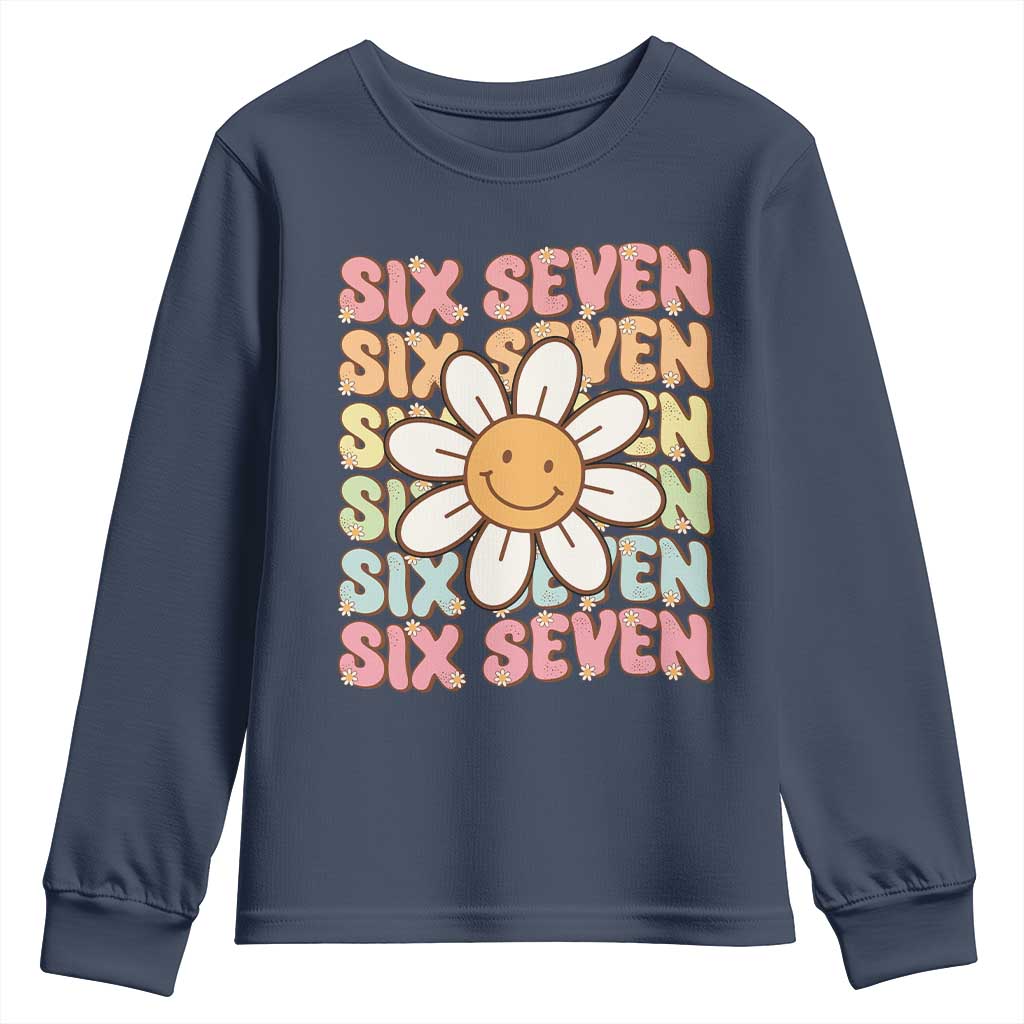 Six Seven Flower Power Youth Sweatshirt Viral 67 Meme with Retro Daisy TS02 Navy Print Your Wear