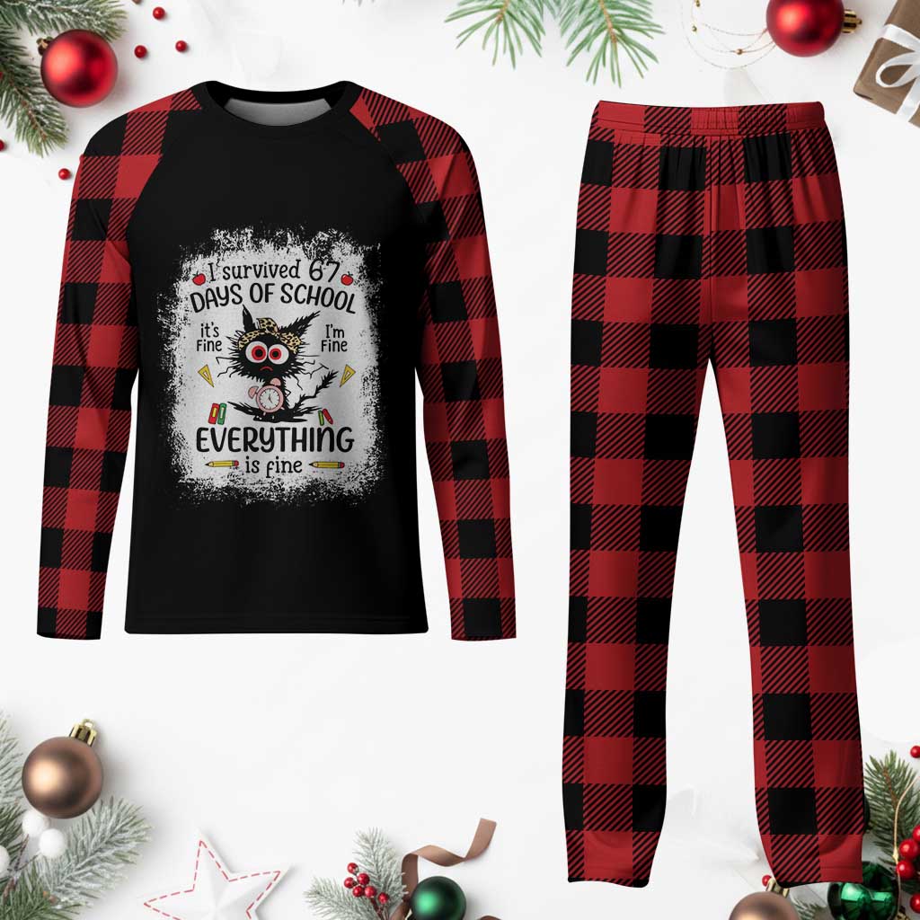 I Survived 67 Days of School Plaid Pajama Set Funny Teacher Black Cat Chaos Everything Is Fine TS02 Buffalo Plaid Print Your Wear