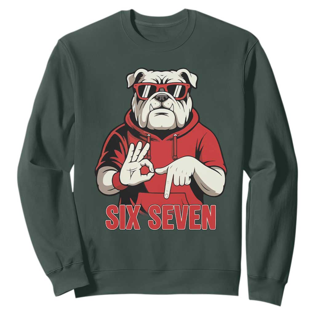 Six Seven Bulldog Meme Sweatshirt Funny 67 Mascot Signs Internet Brainrot Lover TS02 Dark Forest Green Print Your Wear