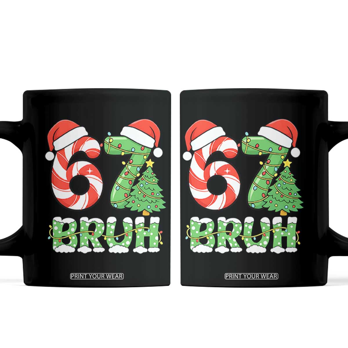 Funny 67 Bruh Christmas Coffee Mug Candy Cane and Xmas Tree Six Seven Meme Holiday Lights TS02 Black Print Your Wear