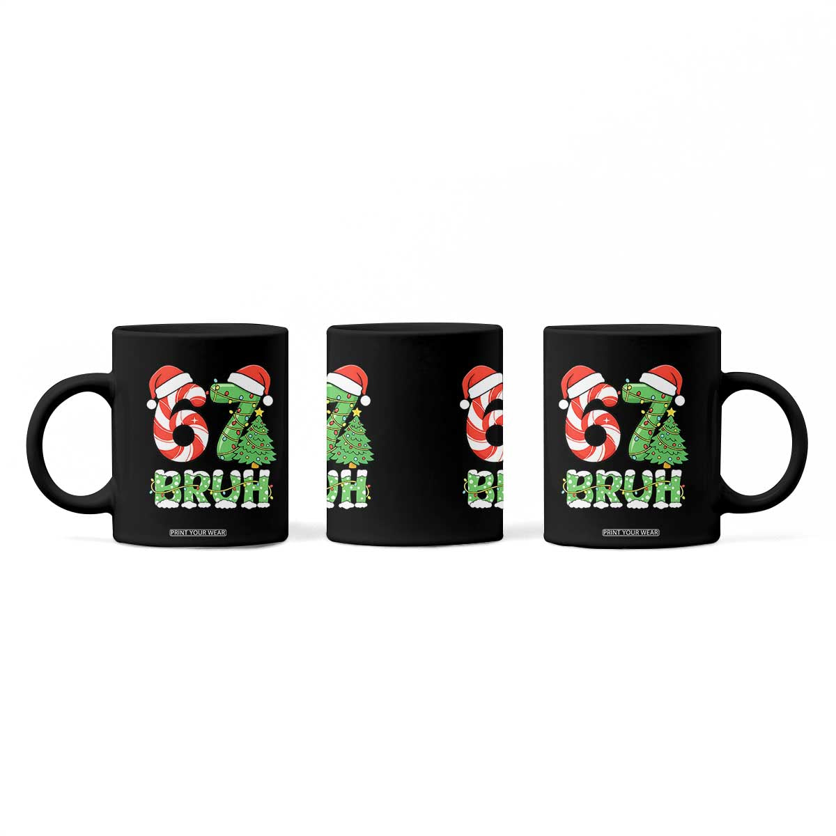 Funny 67 Bruh Christmas Coffee Mug Candy Cane and Xmas Tree Six Seven Meme Holiday Lights TS02 Print Your Wear