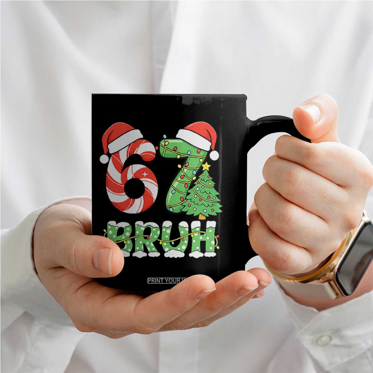 Funny 67 Bruh Christmas Coffee Mug Candy Cane and Xmas Tree Six Seven Meme Holiday Lights TS02 Print Your Wear