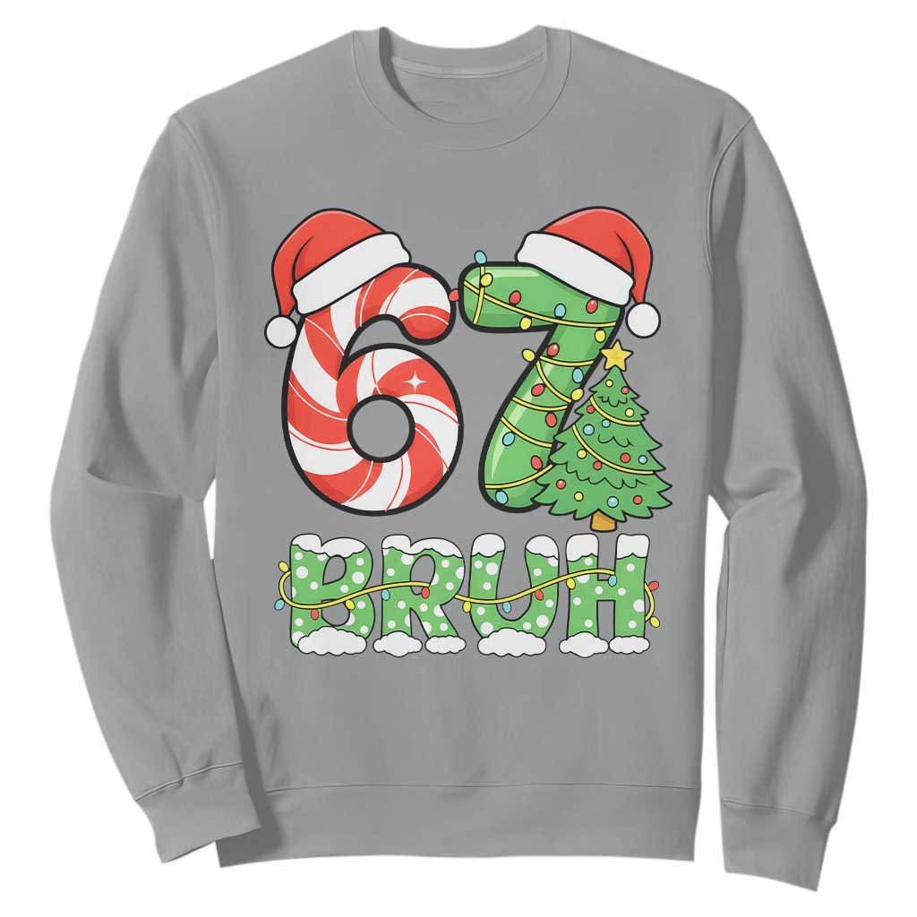 Funny 67 Bruh Christmas Sweatshirt Candy Cane and Xmas Tree Six Seven Meme Holiday Lights TS02 Sport Gray Print Your Wear