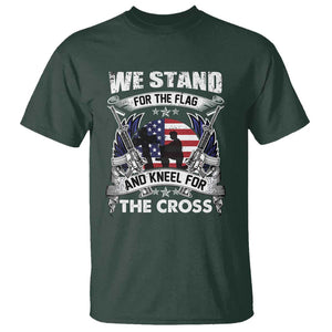 Patriotic Christian T Shirt We Stand For The Flag And Kneel For The Cross Faith American Flag TS02 Dark Forest Green Print Your Wear