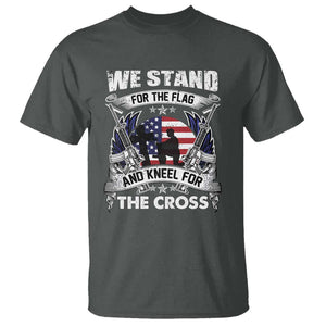 Patriotic Christian T Shirt We Stand For The Flag And Kneel For The Cross Faith American Flag TS02 Dark Heather Print Your Wear