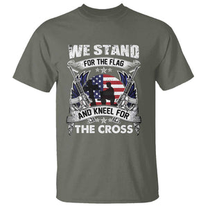 Patriotic Christian T Shirt We Stand For The Flag And Kneel For The Cross Faith American Flag TS02 Military Green Print Your Wear