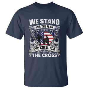 Patriotic Christian T Shirt We Stand For The Flag And Kneel For The Cross Faith American Flag TS02 Navy Print Your Wear