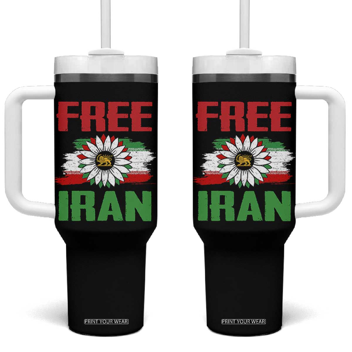 Free Iran Sunflower Tumbler With Handle Persian Flag Lion and Su Iranian Revolution Freedom Supporters TS02 One Size: 40 oz Black Print Your Wear