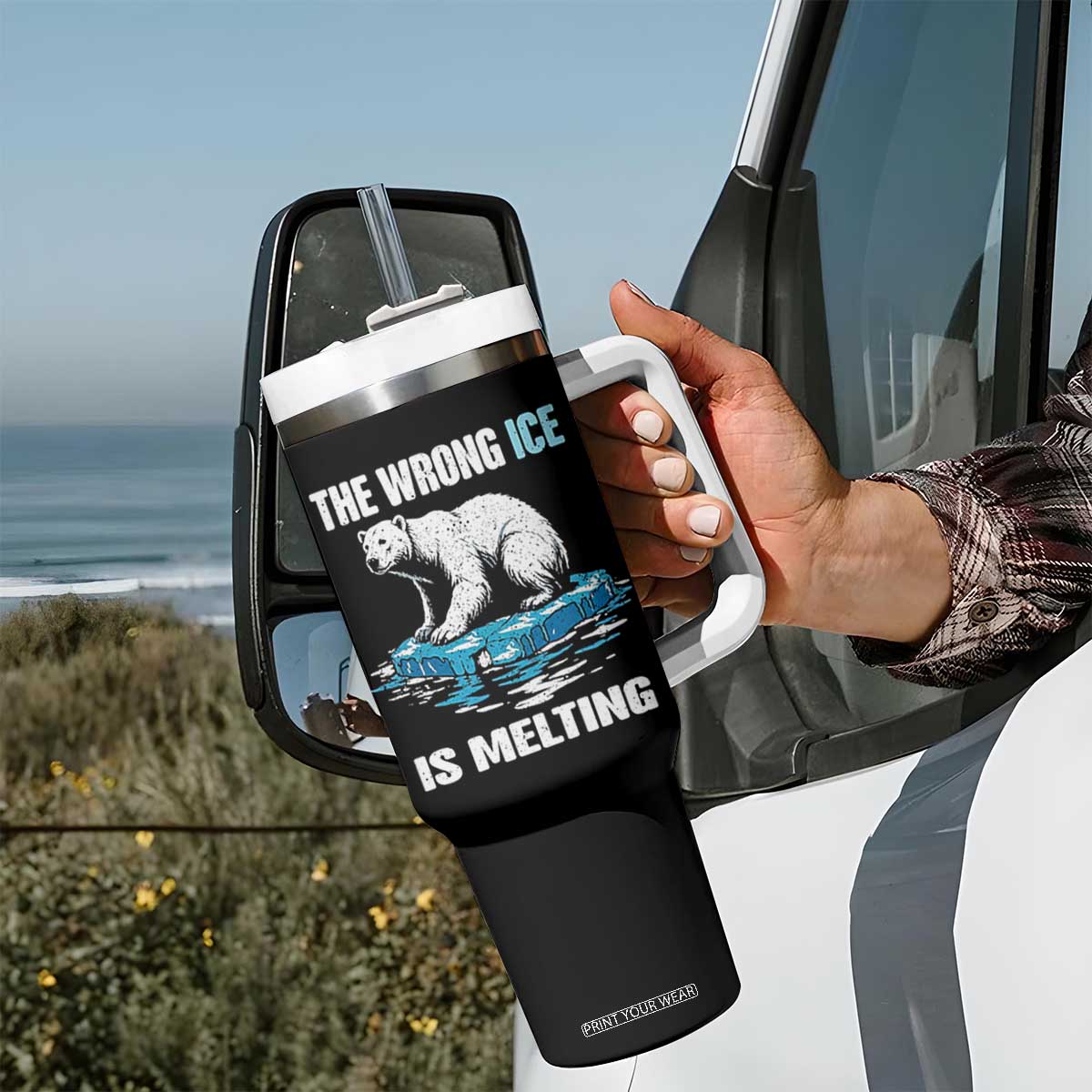 The Wrong Ice is Melting Polar Bear Tumbler With Handle Against Ice Environmental Activist Protest TS02 Print Your Wear