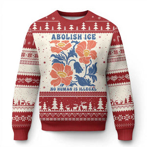 Retro Floral Protest Abolish Ice Ugly Christmas Sweater No Human is Illegal Peaceful Pro-Immigrant TS02 Beige Red Print Your Wear
