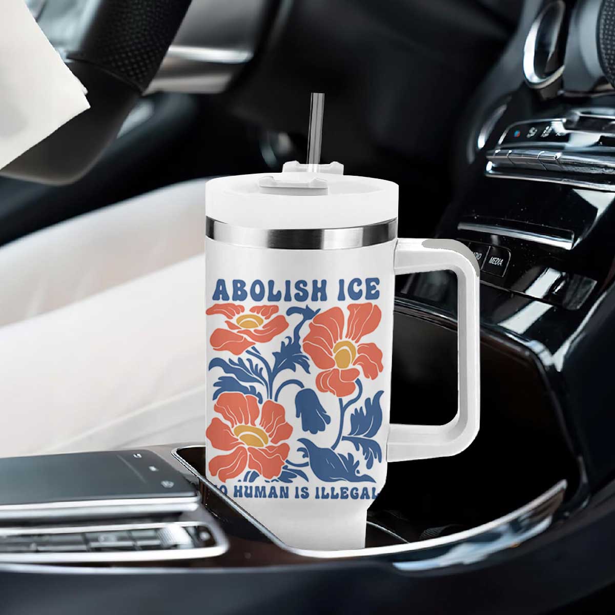 Retro Floral Protest Abolish Ice Tumbler With Handle No Human is Illegal Peaceful Pro-Immigrant TS02 Print Your Wear