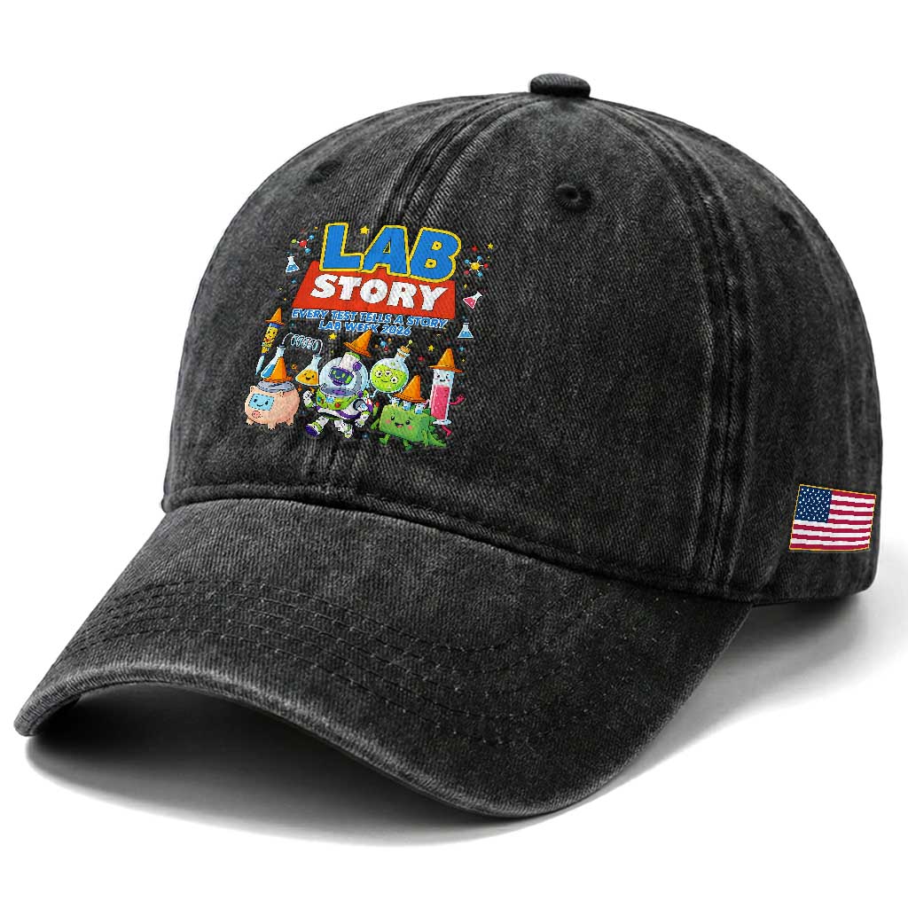 Lab Story Every Test Tells a Story Lab Week 2026 Washed Cotton Baseball Cap Science Characters Lab Techs Medical Laboratory TS02 Print Your Wear
